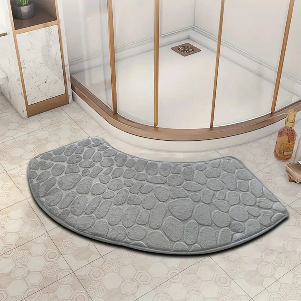 Badmat Gebogen Antislip met Kiezelmotief voor Hoekdouche en Toilet