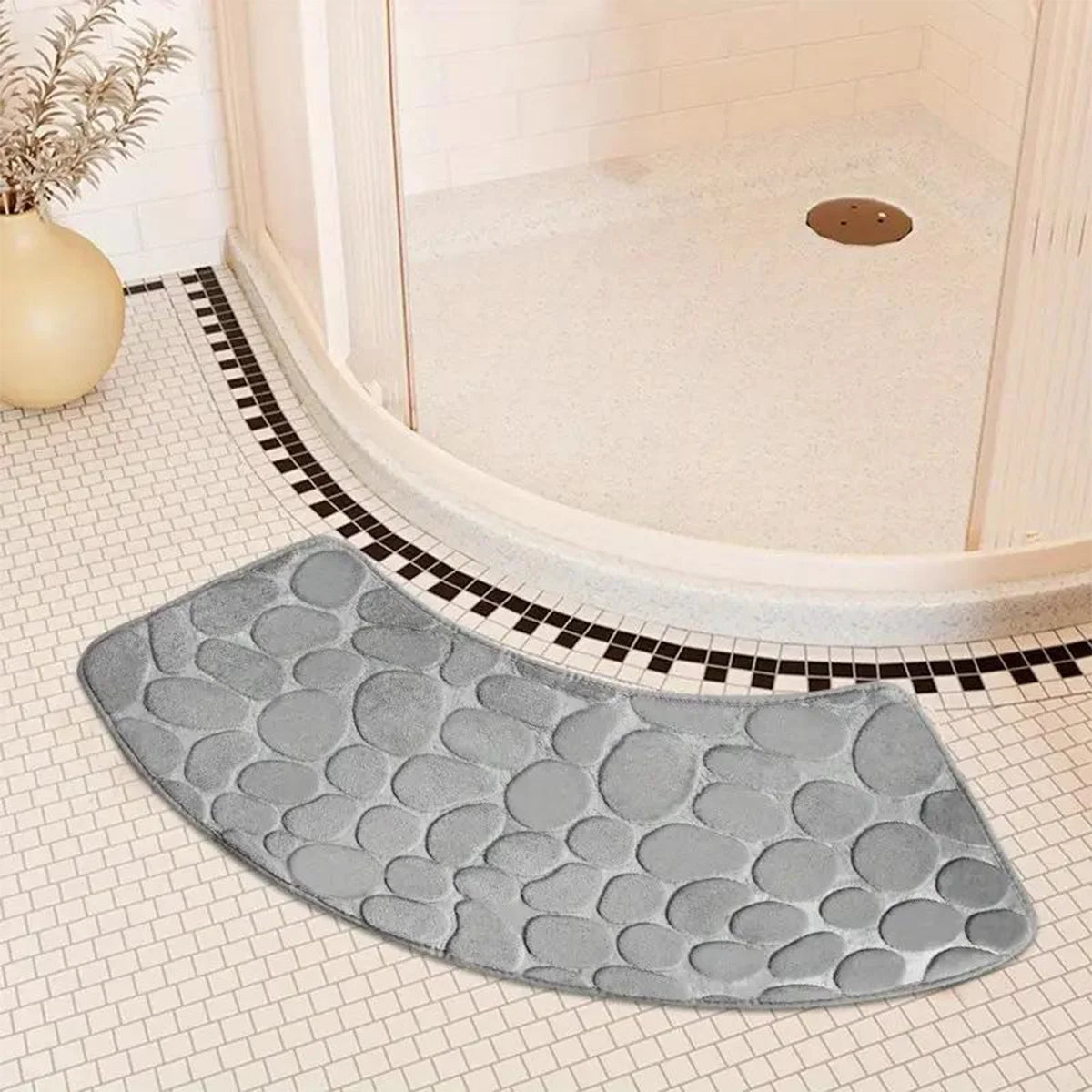 Badmat Gebogen Antislip met Kiezelmotief voor Hoekdouche en Toilet