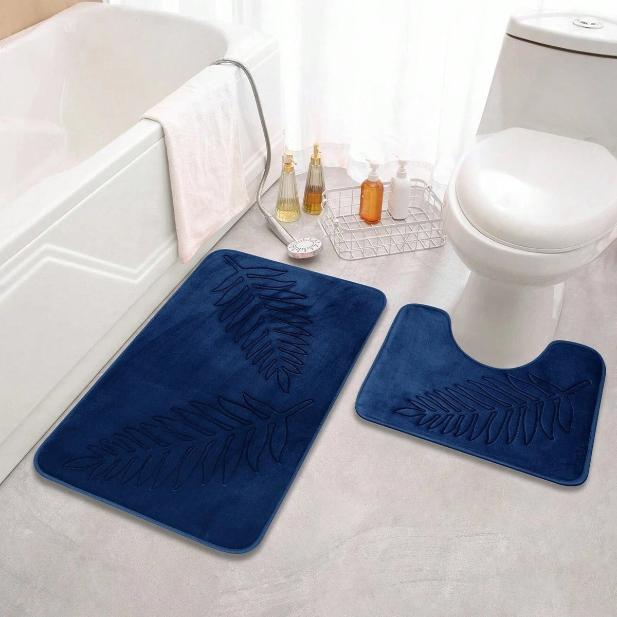 Badmat Set met Antislip Onderkant en Bladerenpatroon inclusief U-Contour Mat
