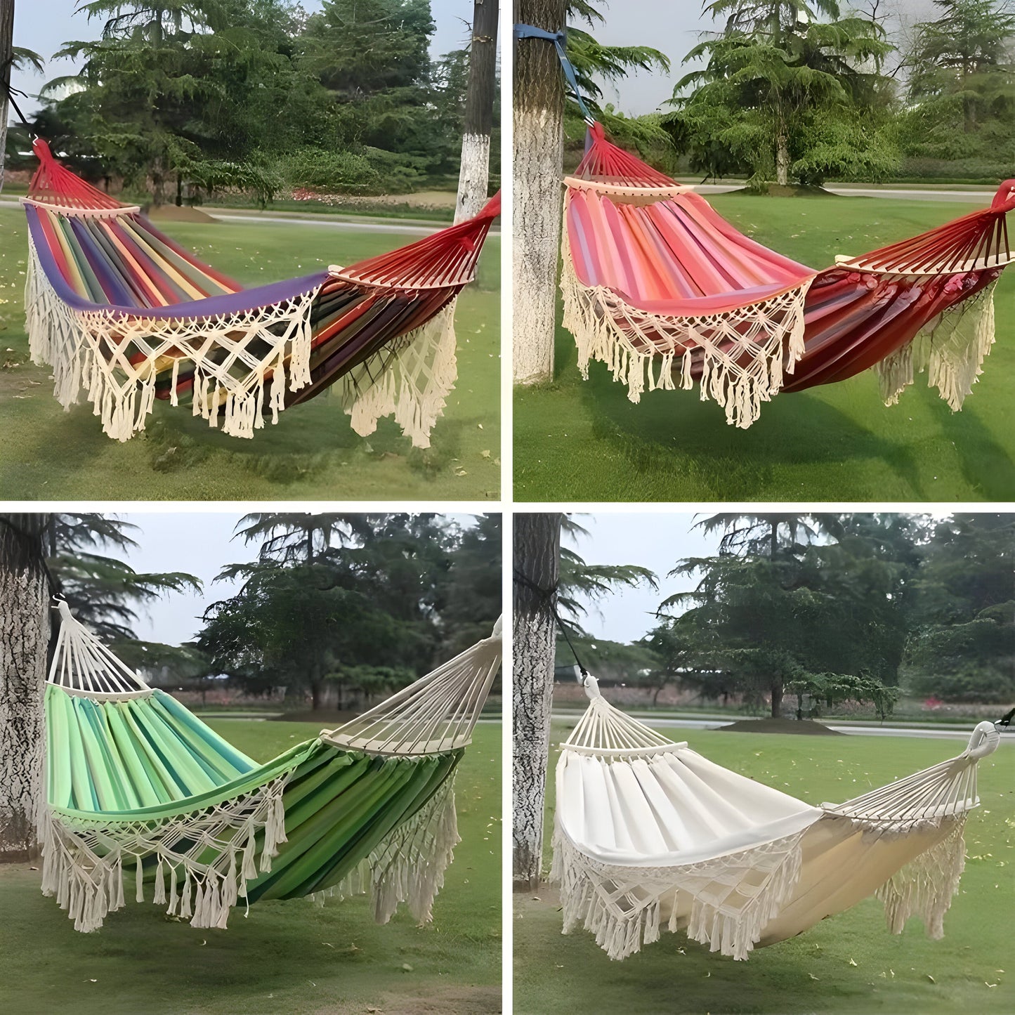 Hangmat voor Buiten met Franjes en Spreidstokken voor Tuin en Camping