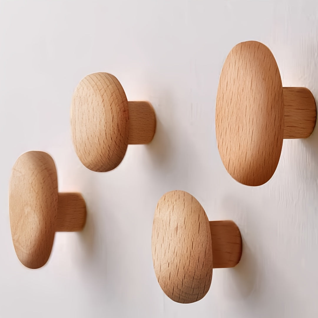 Houten Wandhaken Set met Ronde Kiezelvorm voor Jassen en Tassen