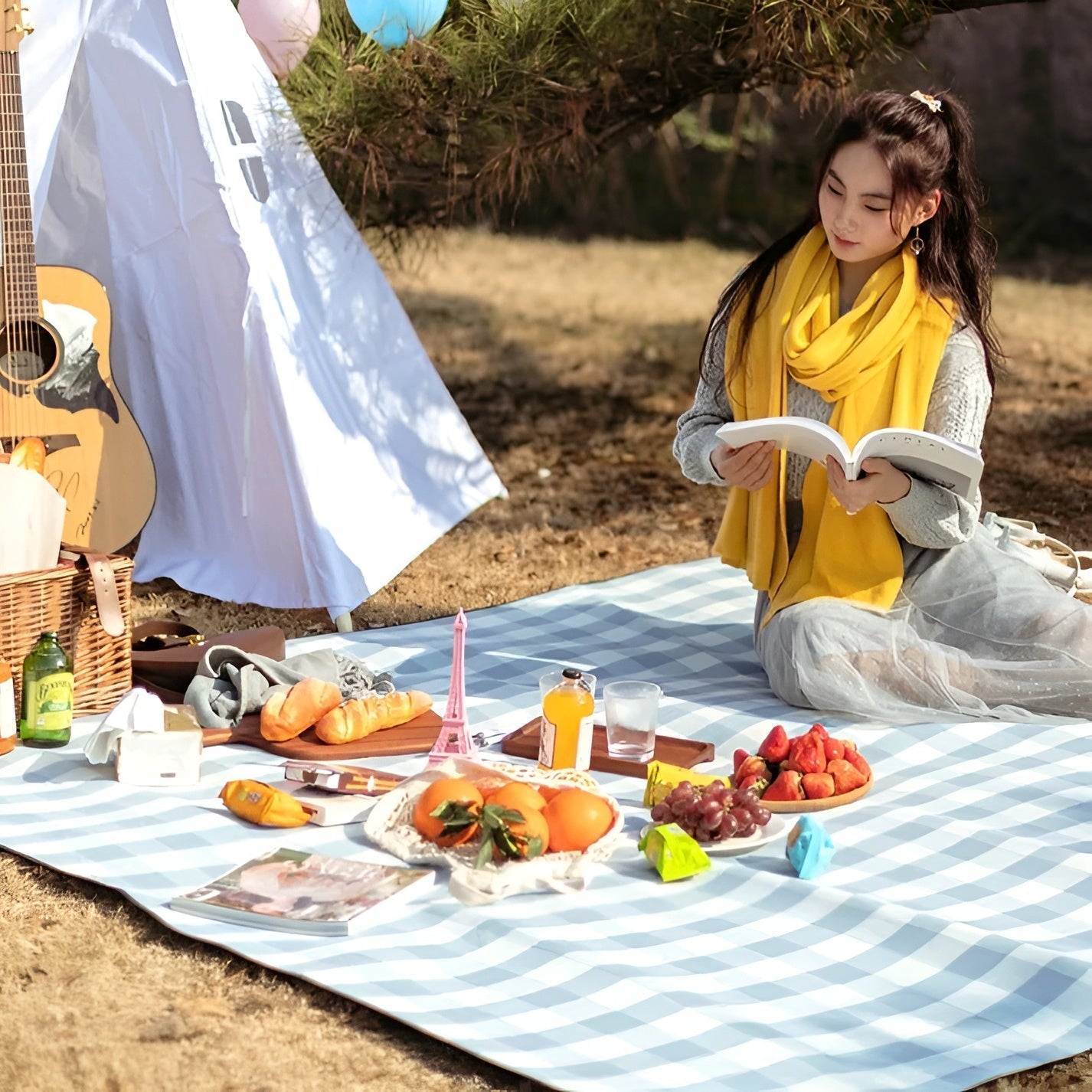 Opvouwbare Picknickdeken voor Buiten met Draaggreep en Geblokt Patroon