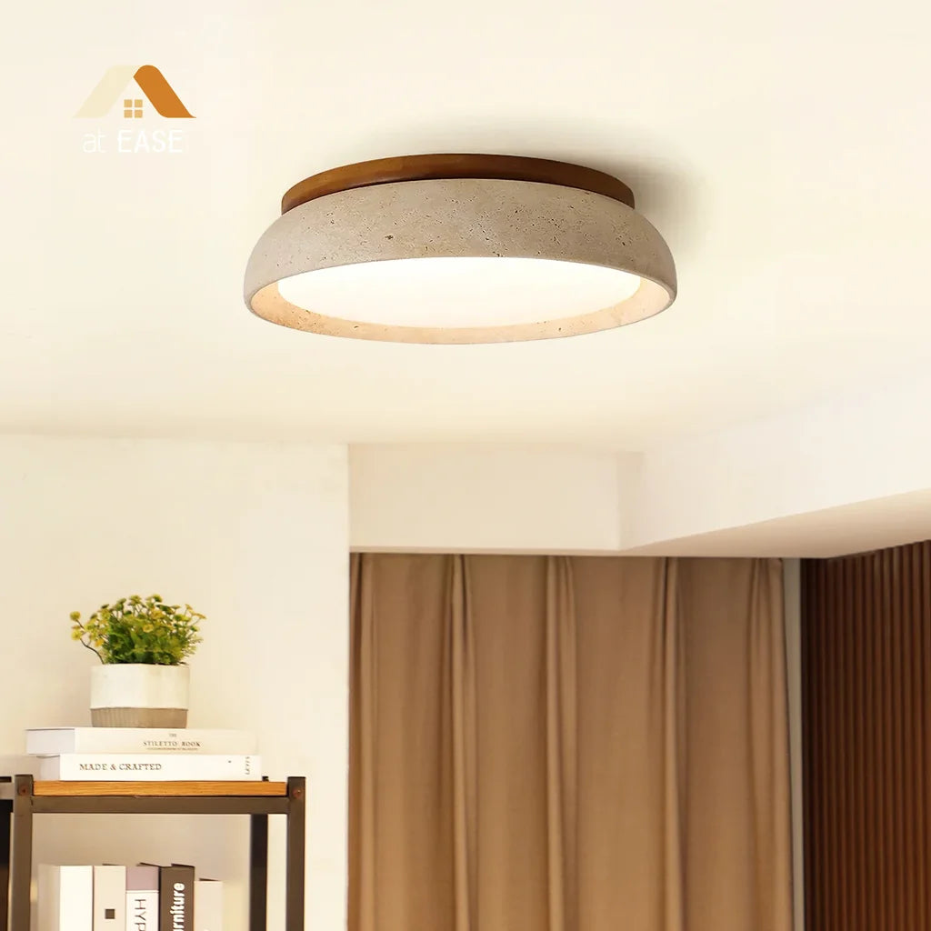 Plafondlamp Minimalistisch Rond met Travertijn Kap en Houten Rand