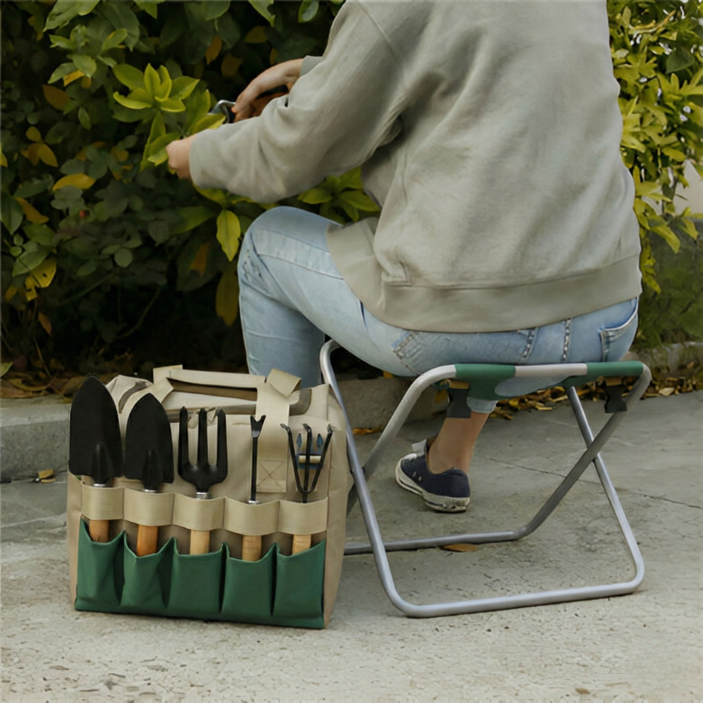 Tuingereedschap Set met Opvouwbare Kruk en Gereedschapstas
