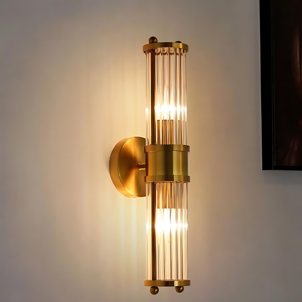 Wandlamp Art Deco met Kristalglas Cilinders en Messing Fitting