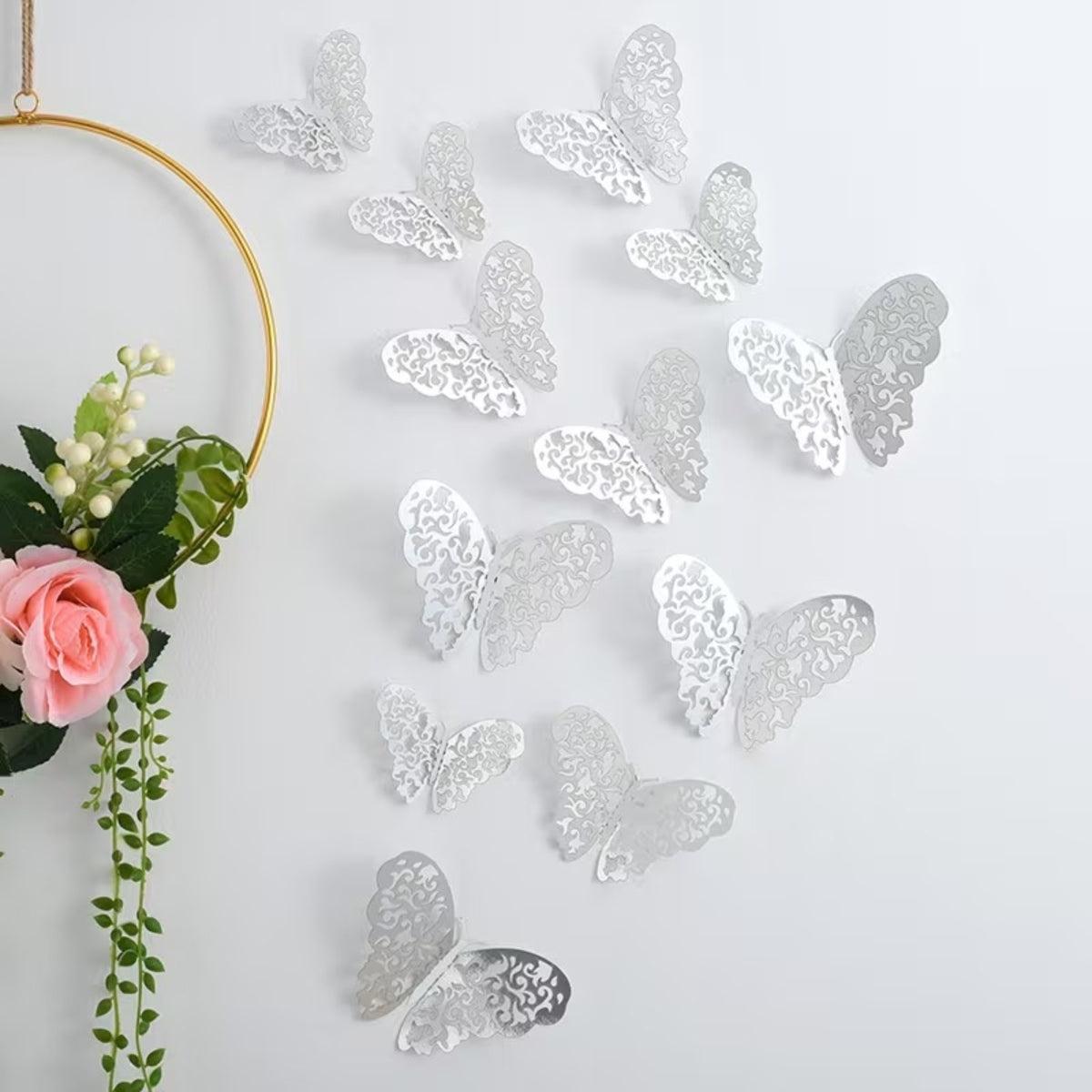 3D Vlinder Wanddecoratie Stickers met Uitgesneden Patroon, 12-delig