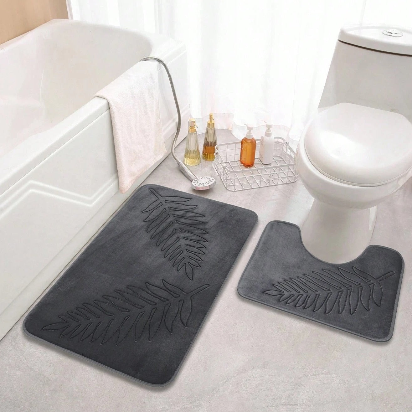 Badmat Set met Antislip Onderkant en Bladerenpatroon inclusief U-Contour Mat