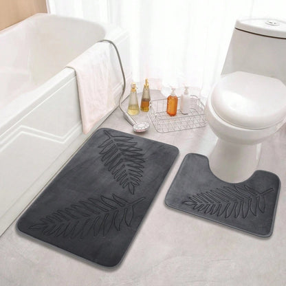 Badmat Set met Antislip Onderkant en Bladerenpatroon inclusief U-Contour Mat