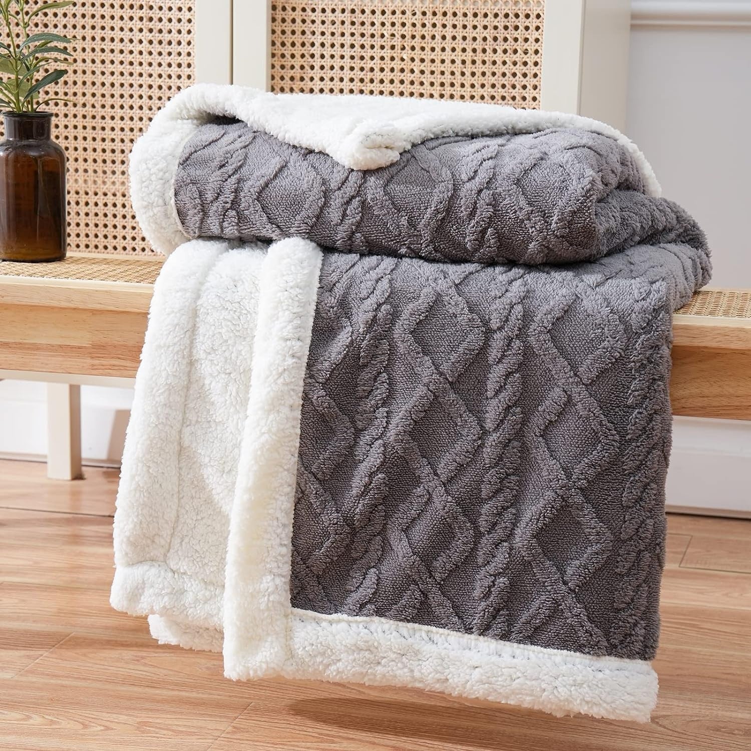 Fleece Plaid met Sherpa Voering en 3D Kabelpatroon voor Bank en Bed