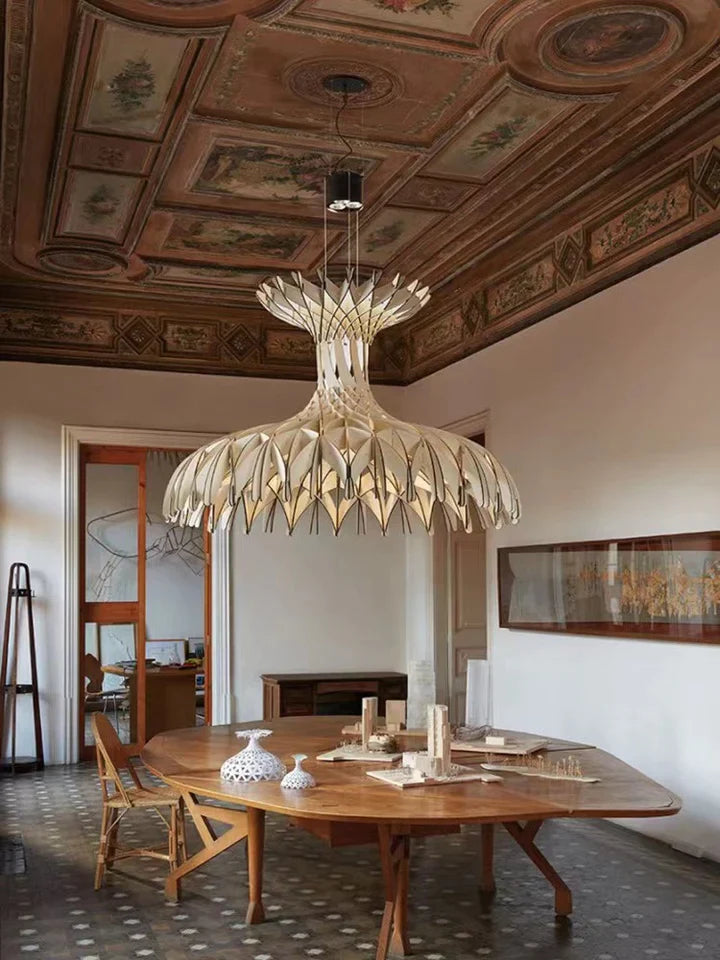 Hanglamp Bohemian met Houten Lamellenstructuur en Verstelbare Hoogte