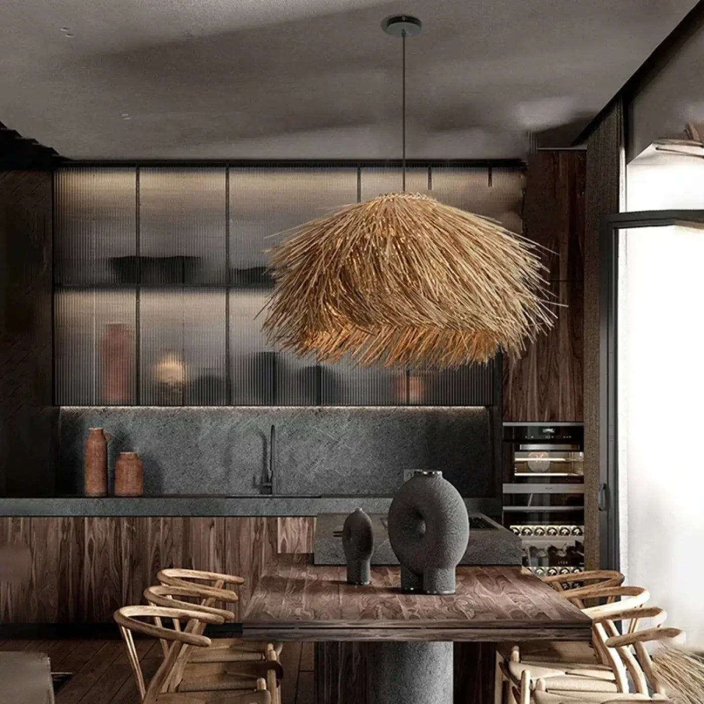 Hanglamp Bohemian met Naturel Stro Kap en Warme Lichtsfeer
