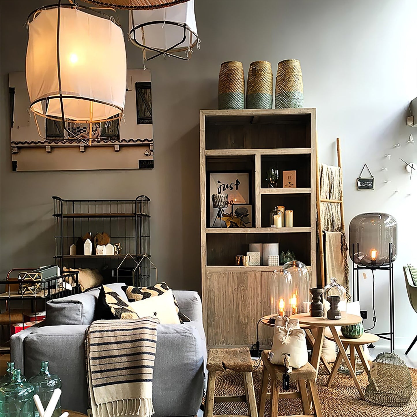 Hanglamp Bohemian met Stoffen Kap en Bamboe Frame