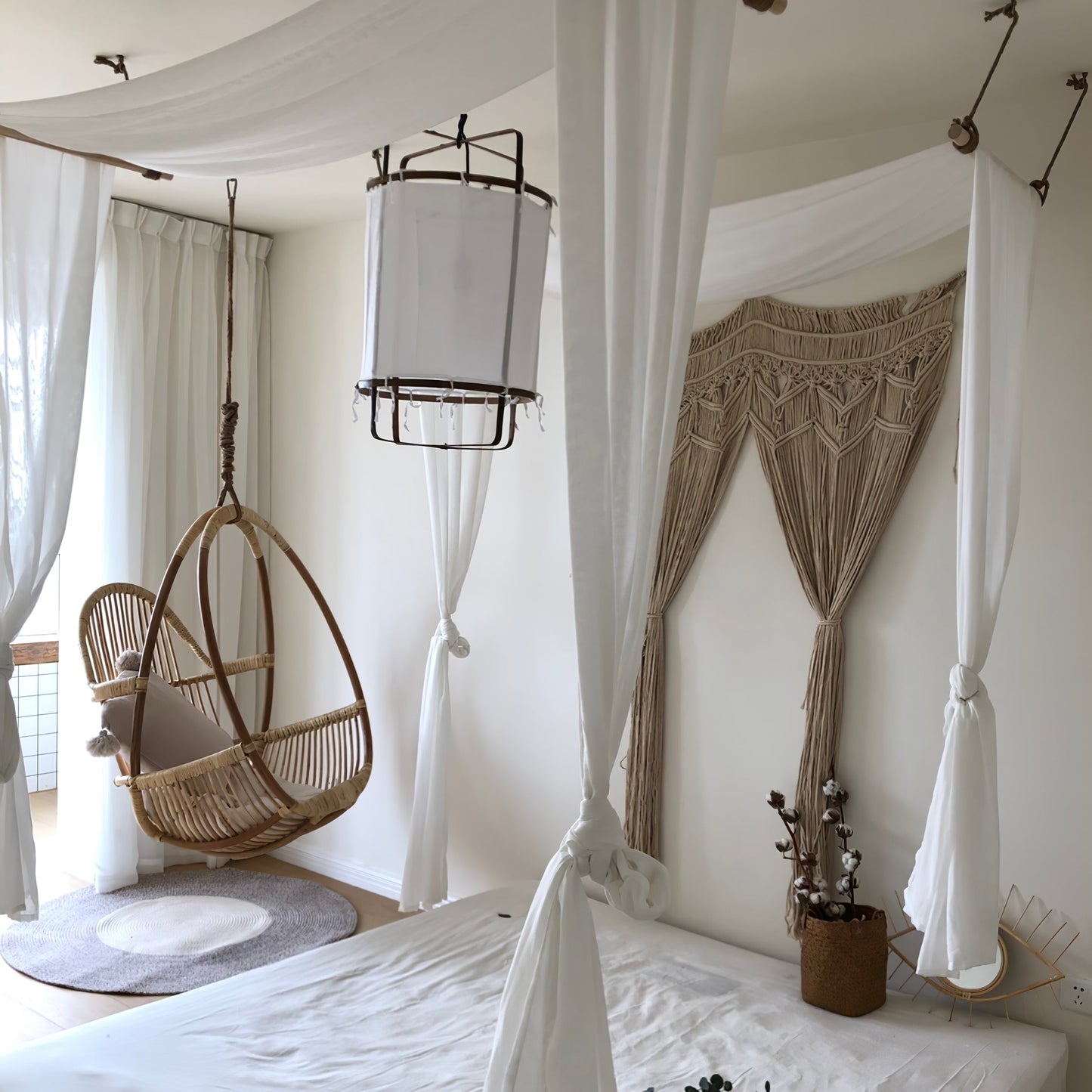 Hanglamp Bohemian met Stoffen Kap en Bamboe Frame