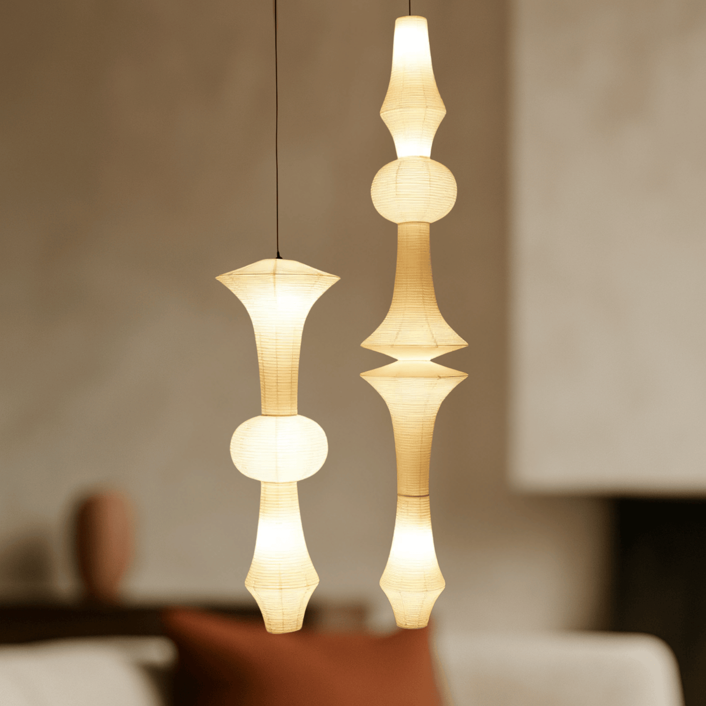 Hanglamp Japandi Bohemian met Sculpturale Washi Kap in Meerdere Vormen