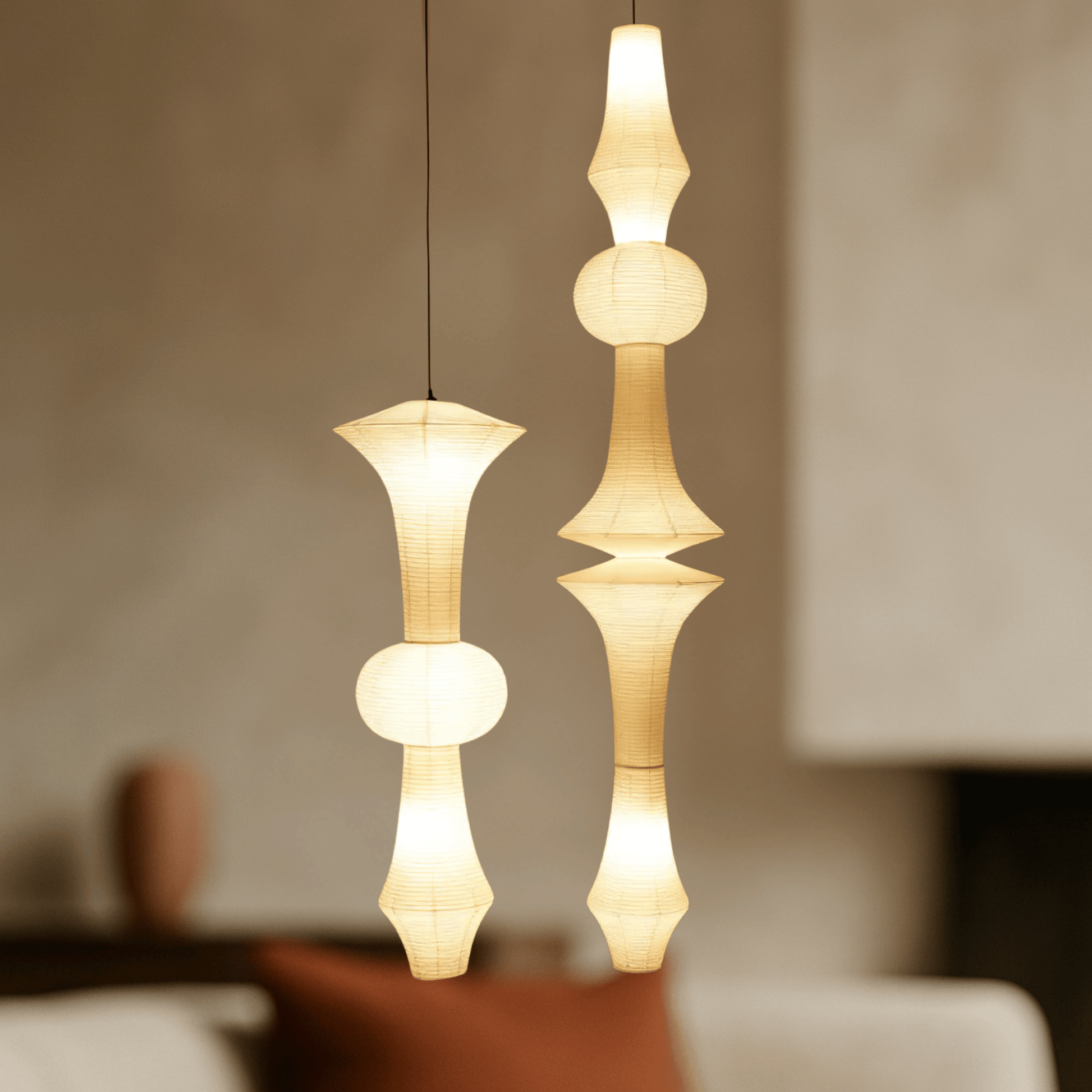 Hanglamp Japandi Bohemian met Sculpturale Washi Kap in Meerdere Vormen