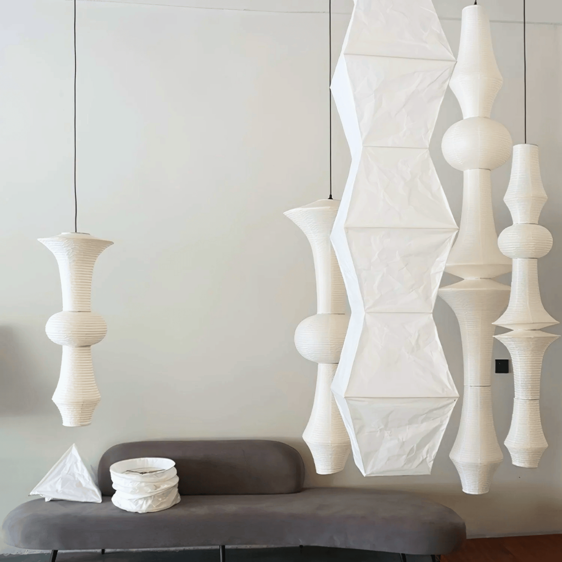 Hanglamp Japandi Bohemian met Sculpturale Washi Kap in Meerdere Vormen