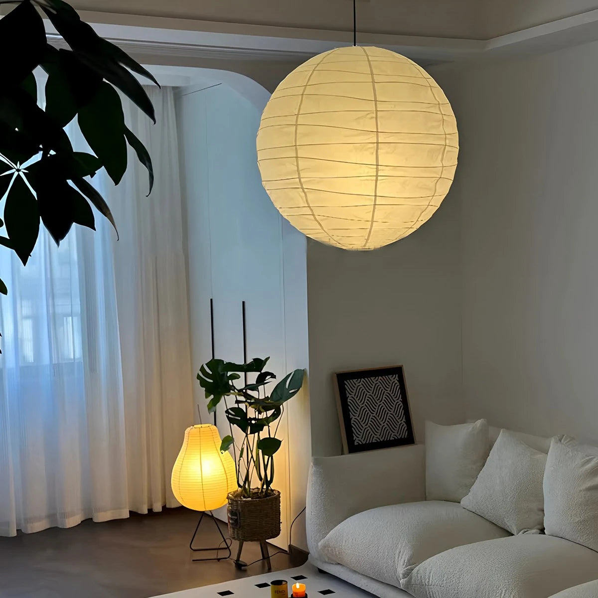 Hanglamp Japandi Bolvormige Rijstpapieren Lampenkap met Verstelbaar Snoer