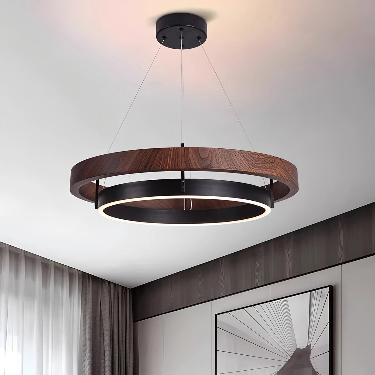 Hanglamp Landelijk Rond met LED en Houtlook Ring