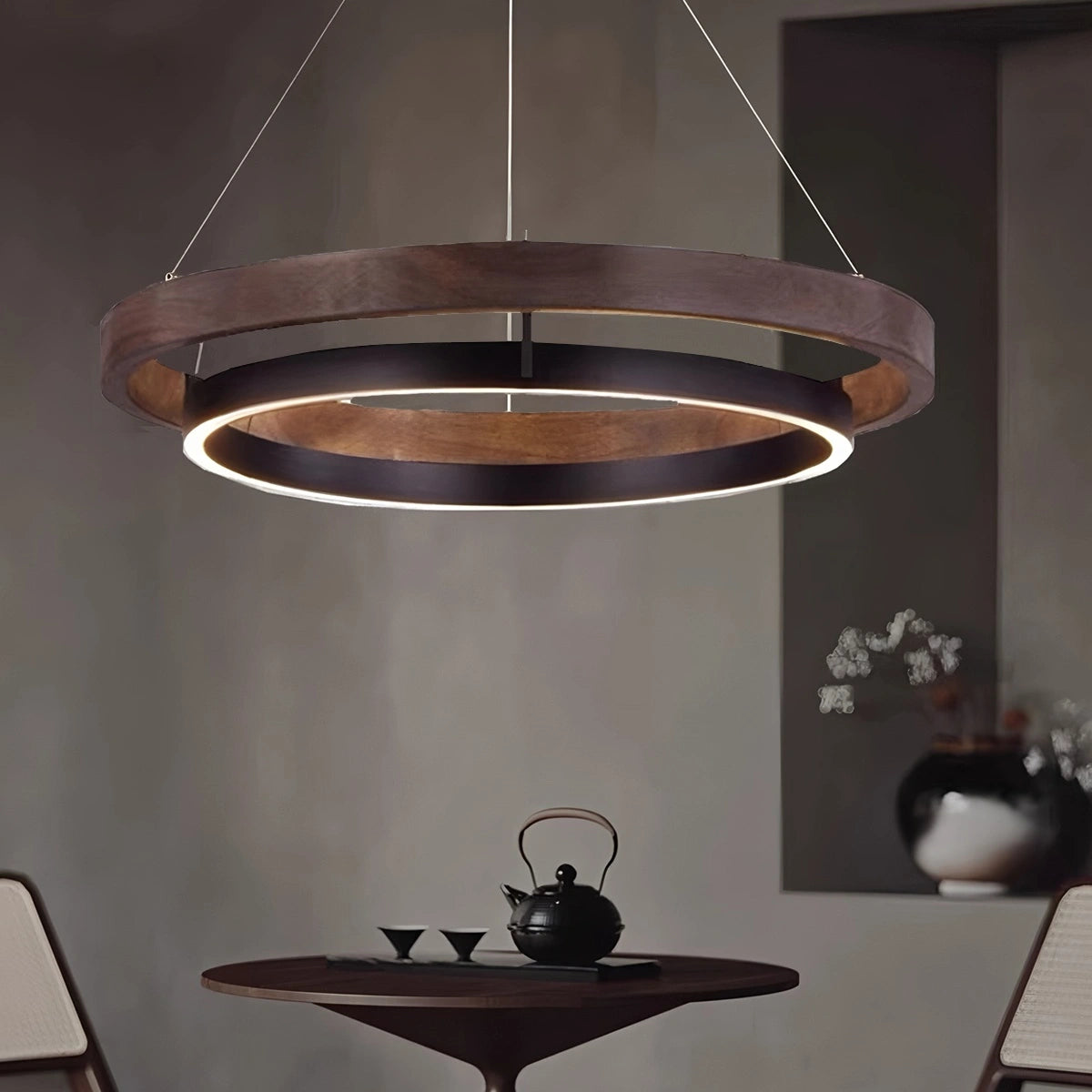 Hanglamp Landelijk Rond met LED en Houtlook Ring