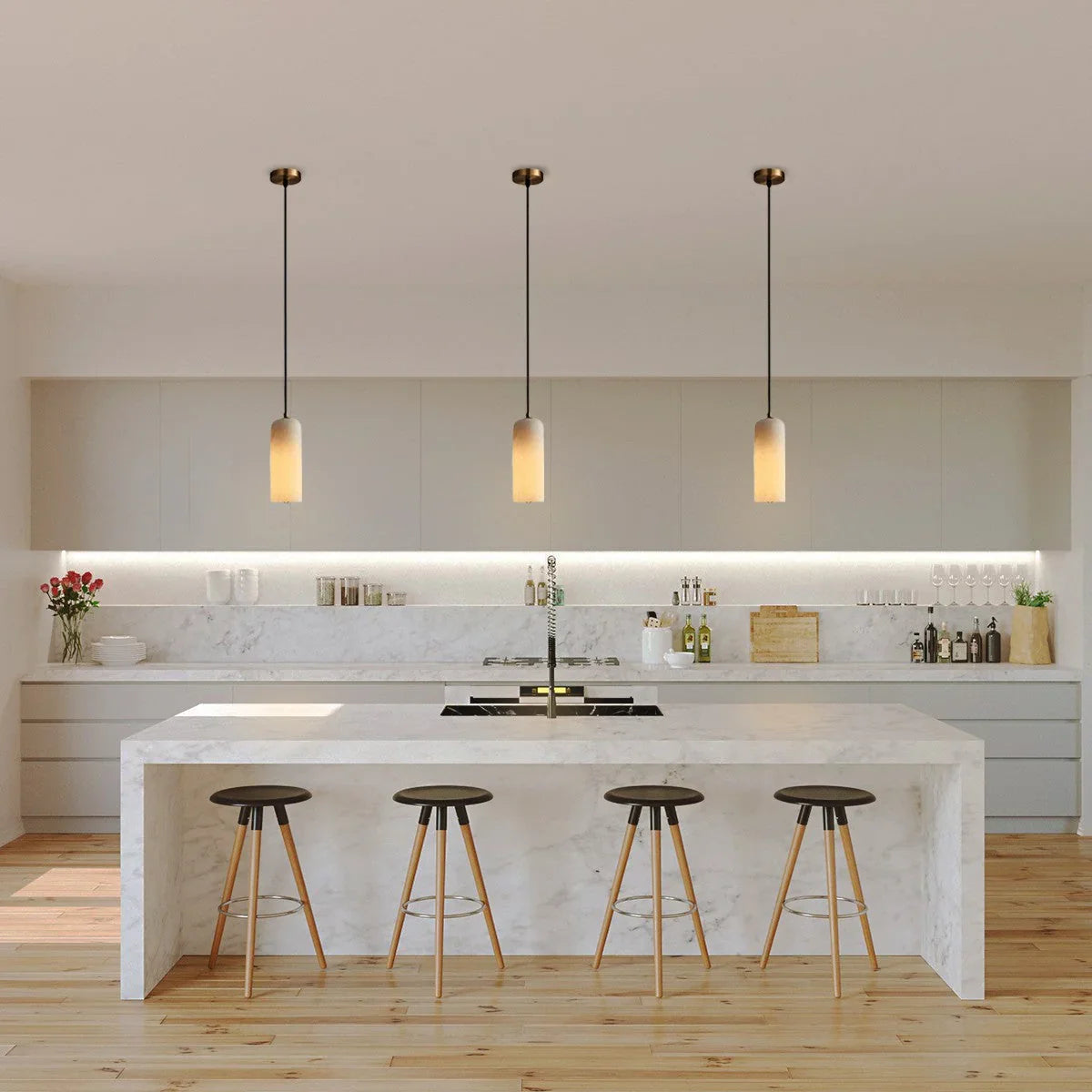 Hanglamp Minimalistisch met Alabasten Cilinderkap en Messing Fitting
