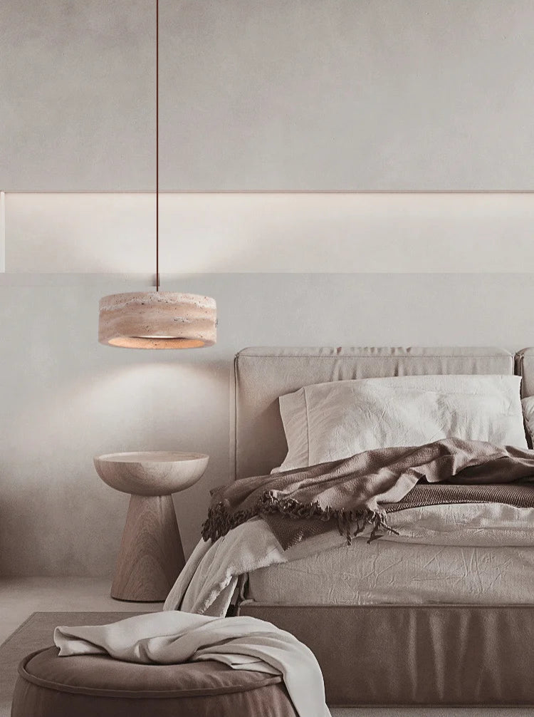 Hanglamp Minimalistisch met Ronde Travertine Kap en Verstelbare Hoogte