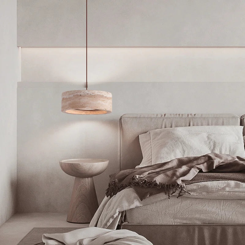 Hanglamp Minimalistisch met Ronde Travertine Kap en Verstelbare Hoogte