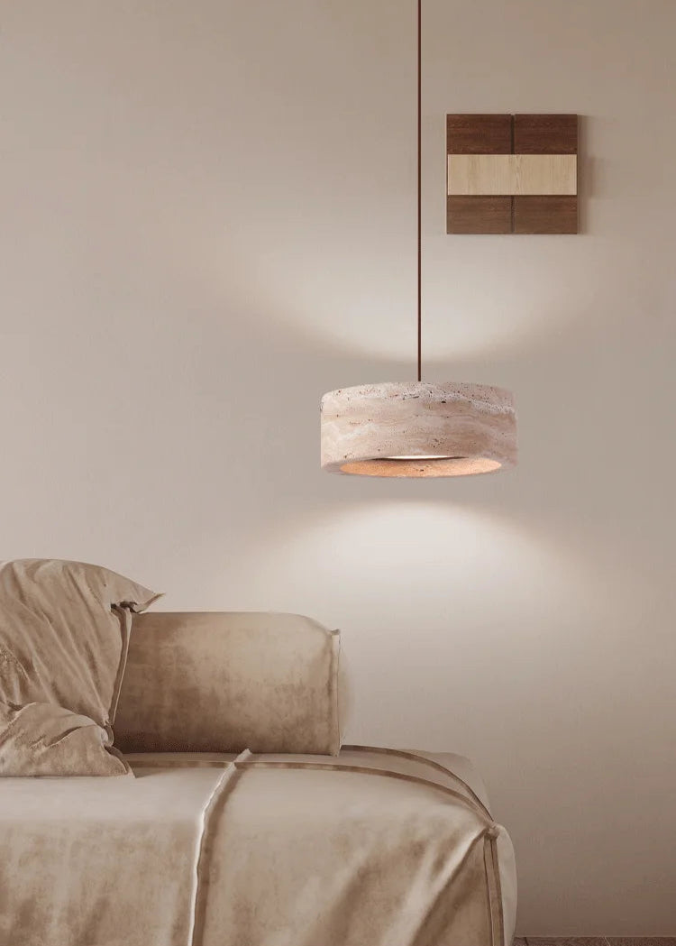 Hanglamp Minimalistisch met Ronde Travertine Kap en Verstelbare Hoogte
