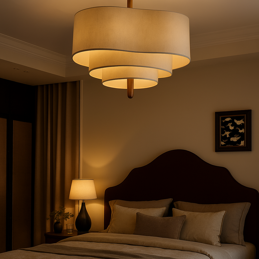 Hanglamp Modern met Drielaagse Ronde Kap en Houten Detail