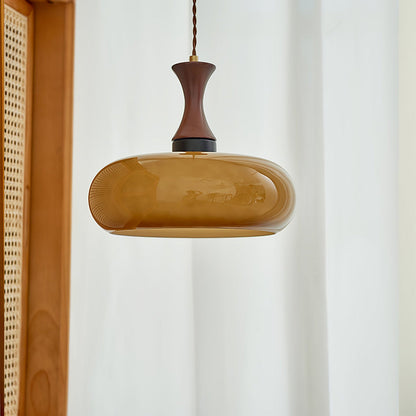 Hanglamp Retro met Glazen Kap en Houten Fitting