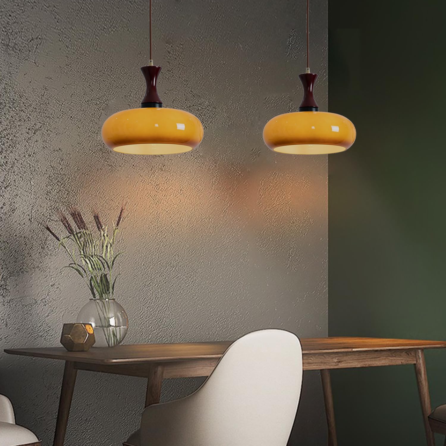 Hanglamp Retro met Glazen Kap en Houten Fitting