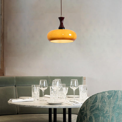 Hanglamp Retro met Glazen Kap en Houten Fitting