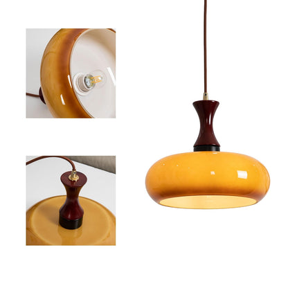 Hanglamp Retro met Glazen Kap en Houten Fitting