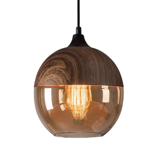 Hanglamp Scandinavisch met Houten Kap en Getint Glas voor Sfeervolle Verlichting