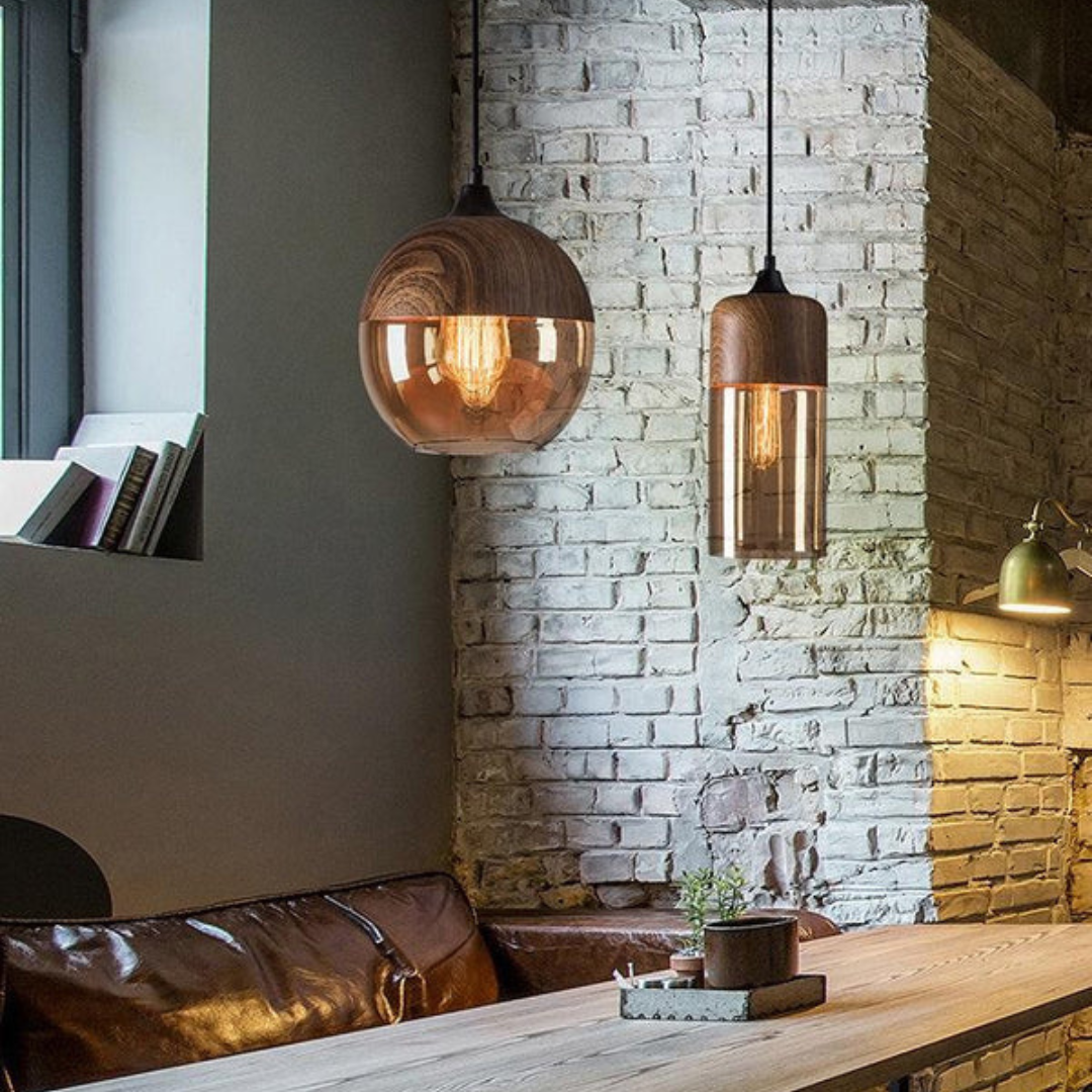 Hanglamp Scandinavisch met Houten Kap en Getint Glas voor Sfeervolle Verlichting