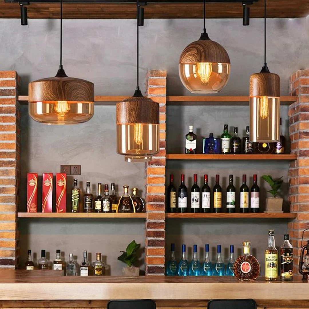 Hanglamp Scandinavisch met Houten Kap en Getint Glas voor Sfeervolle Verlichting