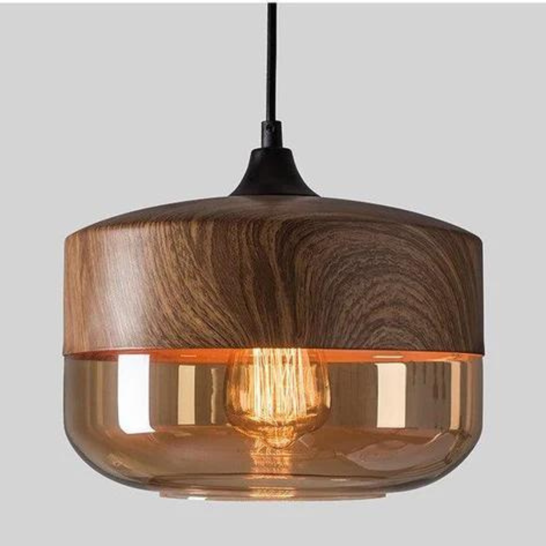 Hanglamp Scandinavisch met Houten Kap en Getint Glas voor Sfeervolle Verlichting