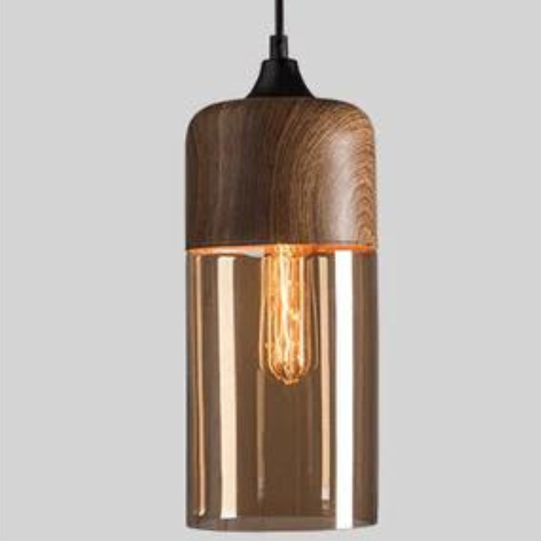 Hanglamp Scandinavisch met Houten Kap en Getint Glas voor Sfeervolle Verlichting
