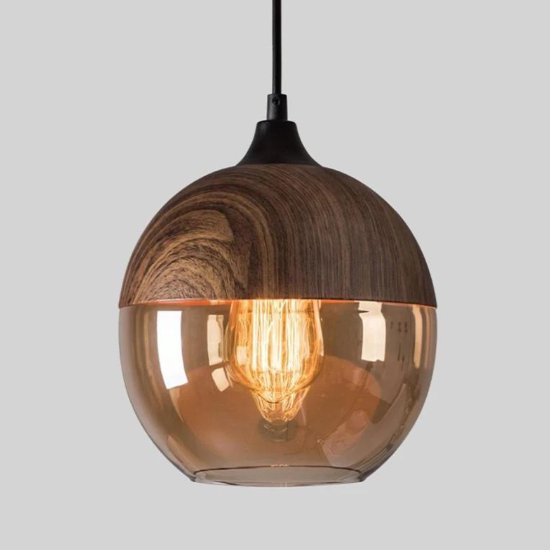 Hanglamp Scandinavisch met Houten Kap en Getint Glas voor Sfeervolle Verlichting