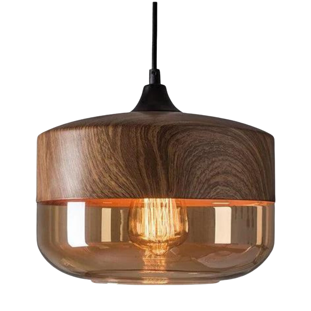 Hanglamp Scandinavisch met Houten Kap en Getint Glas voor Sfeervolle Verlichting