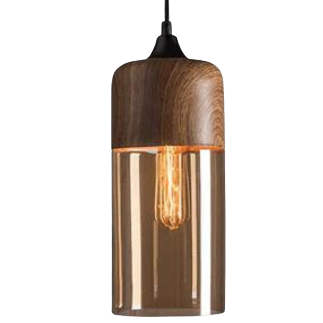 Hanglamp Scandinavisch met Houten Kap en Getint Glas voor Sfeervolle Verlichting