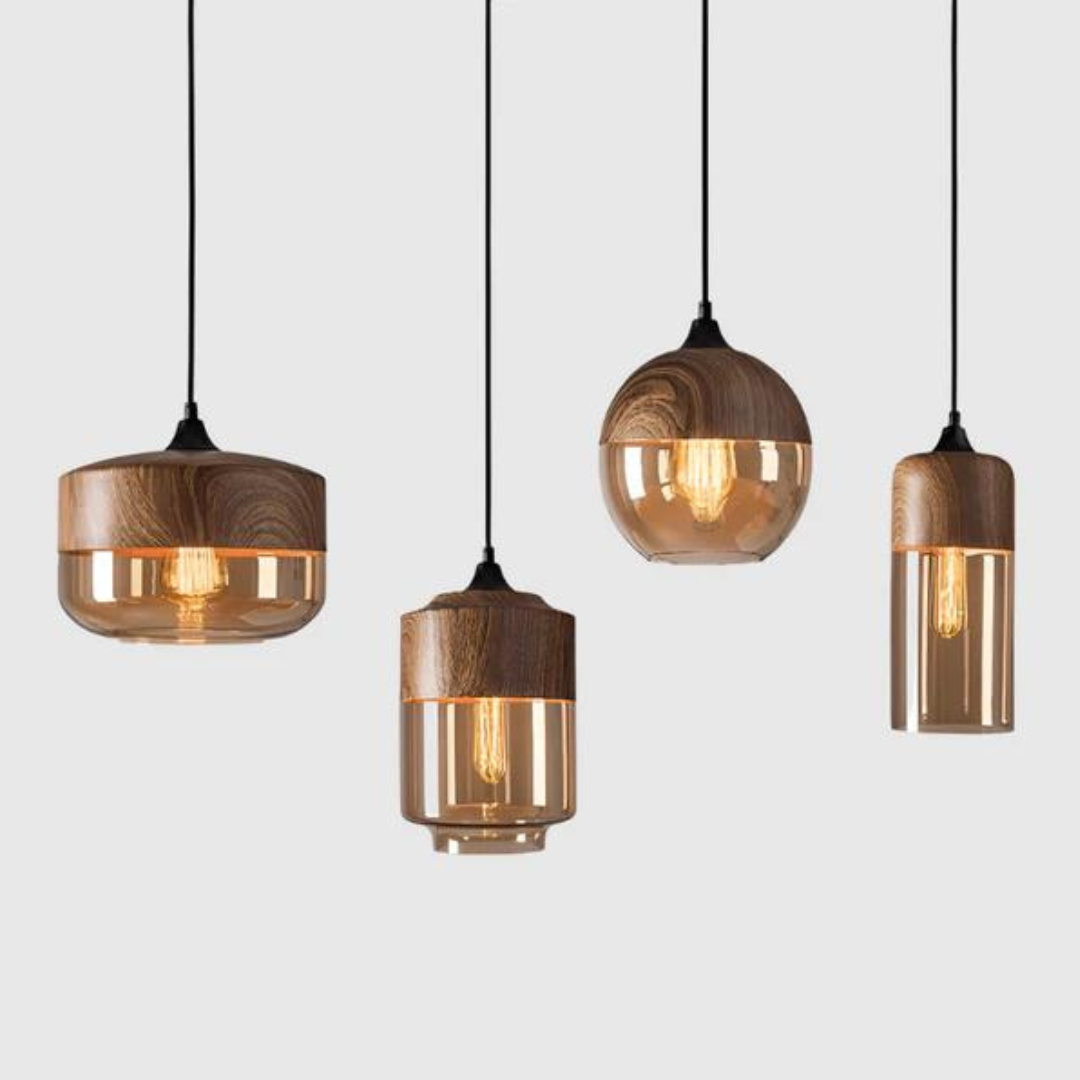 Hanglamp Scandinavisch met Houten Kap en Getint Glas voor Sfeervolle Verlichting