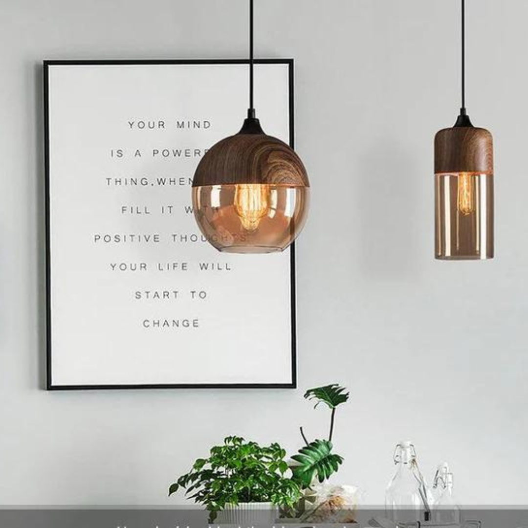 Hanglamp Scandinavisch met Houten Kap en Getint Glas voor Sfeervolle Verlichting