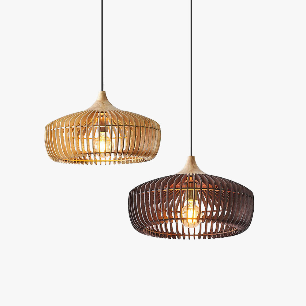Hanglamp Scandinavisch met Houten Lattenwerk en Ronde Kap