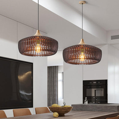 Hanglamp Scandinavisch met Houten Lattenwerk en Ronde Kap