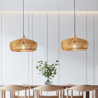 Hanglamp Scandinavisch met Houten Lattenwerk en Ronde Kap