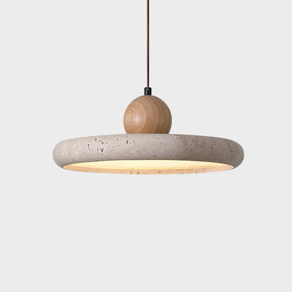 Hanglamp Scandinavisch met Ronde Travertijn Kap en Houten Bol