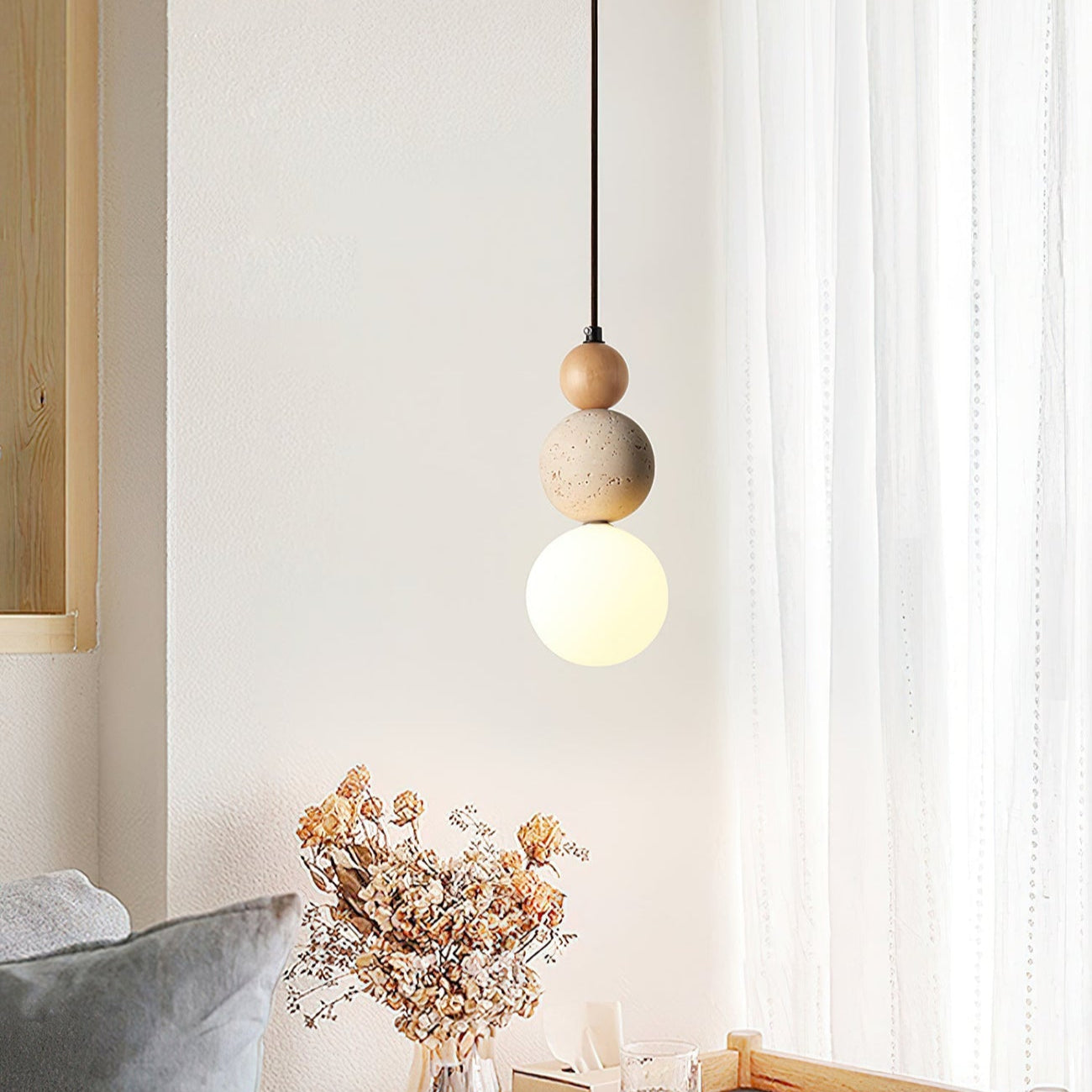 Hanglamp Scandinavisch met Stenen Bol en Glazen Kap