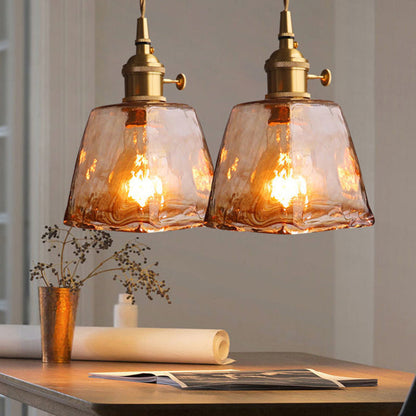 Hanglamp Vintage met Amberkleurig Waterglas Kap en Messing Fitting