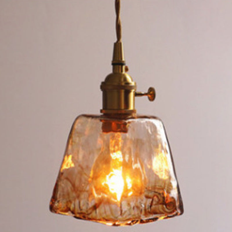 Hanglamp Vintage met Amberkleurig Waterglas Kap en Messing Fitting