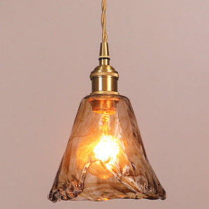 Hanglamp Vintage met Amberkleurig Waterglas Kap en Messing Fitting